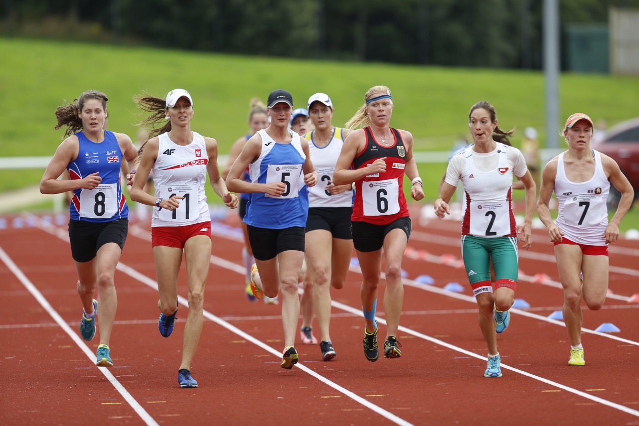 Womens Qualification Rounds - Bath - 21st August 2015 -  Kate French (left) in action in the Combined (run and shoot) phase of the Modern Pentathlon Womens Qualification rounds. Athletes try to gain a place in the weekend finals held at the University of Bath Sports Training Village.